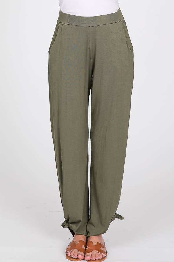 Solid Elastic Waist Side Slit Ankle Tie Pants P1462