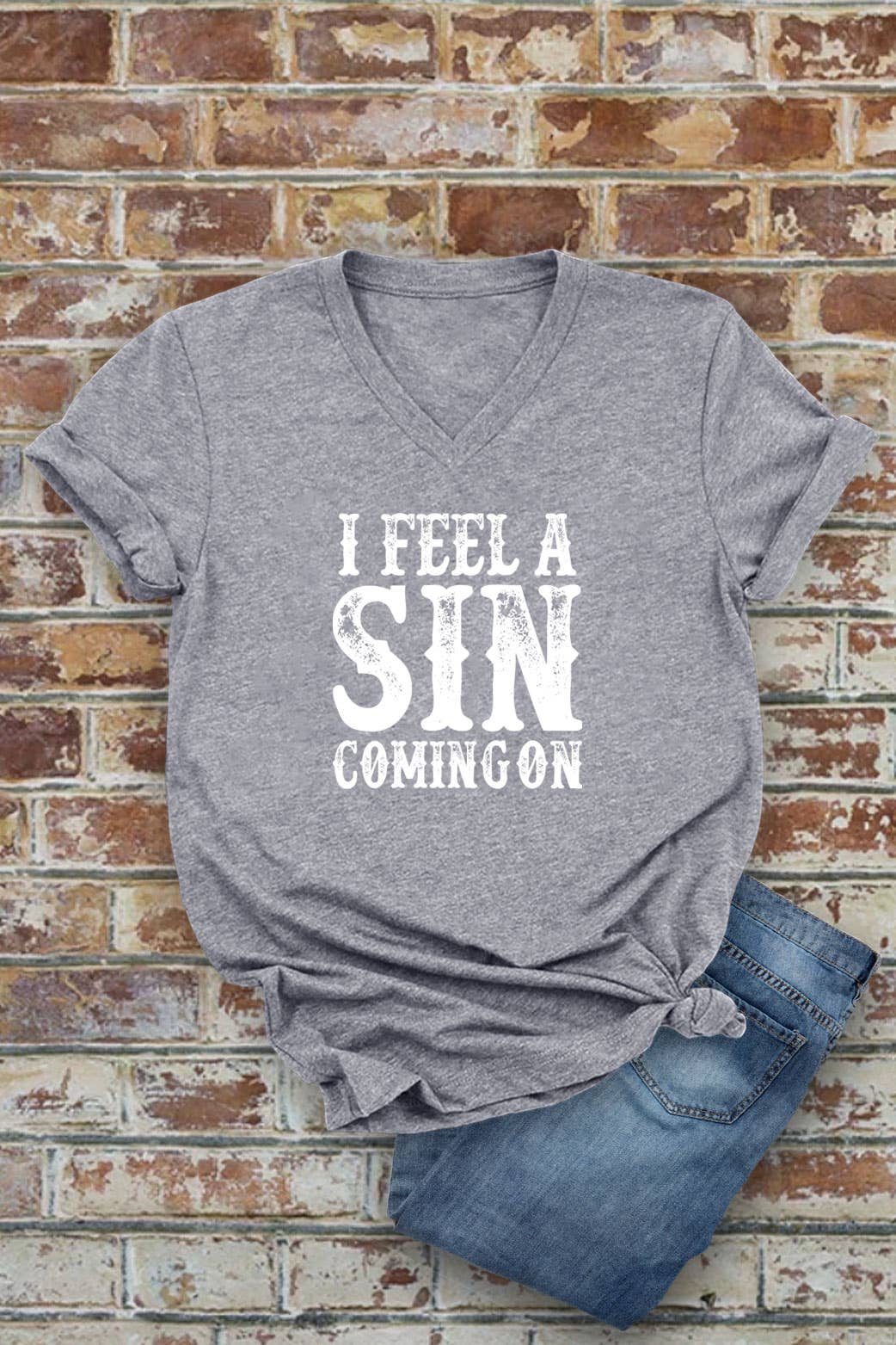 I Feel a SIN Coming On, Unisex Short Sleeve V Neck T-Shirt