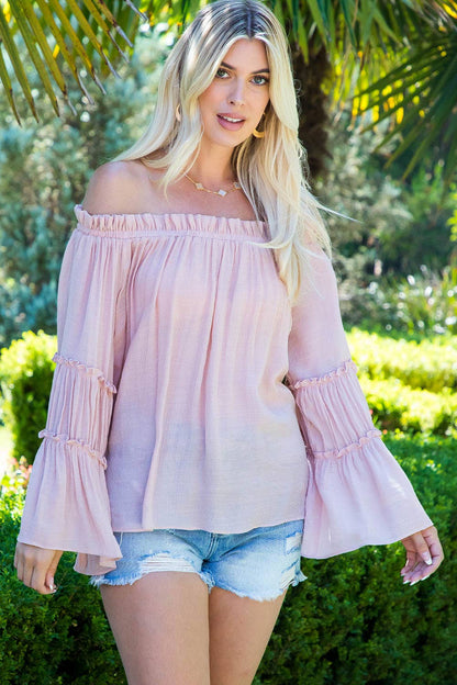 OFF SHOULDER TIERED BELL SLEEVE TOP: EARL GREY / M