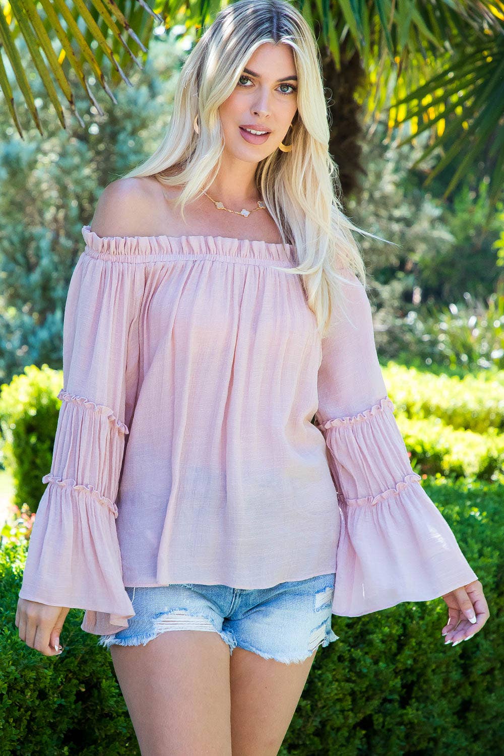OFF SHOULDER TIERED BELL SLEEVE TOP: EARL GREY / S