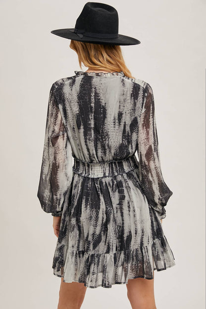 ANIMAL PRINT LONG SLEEVED V-NECK MINI DRESS