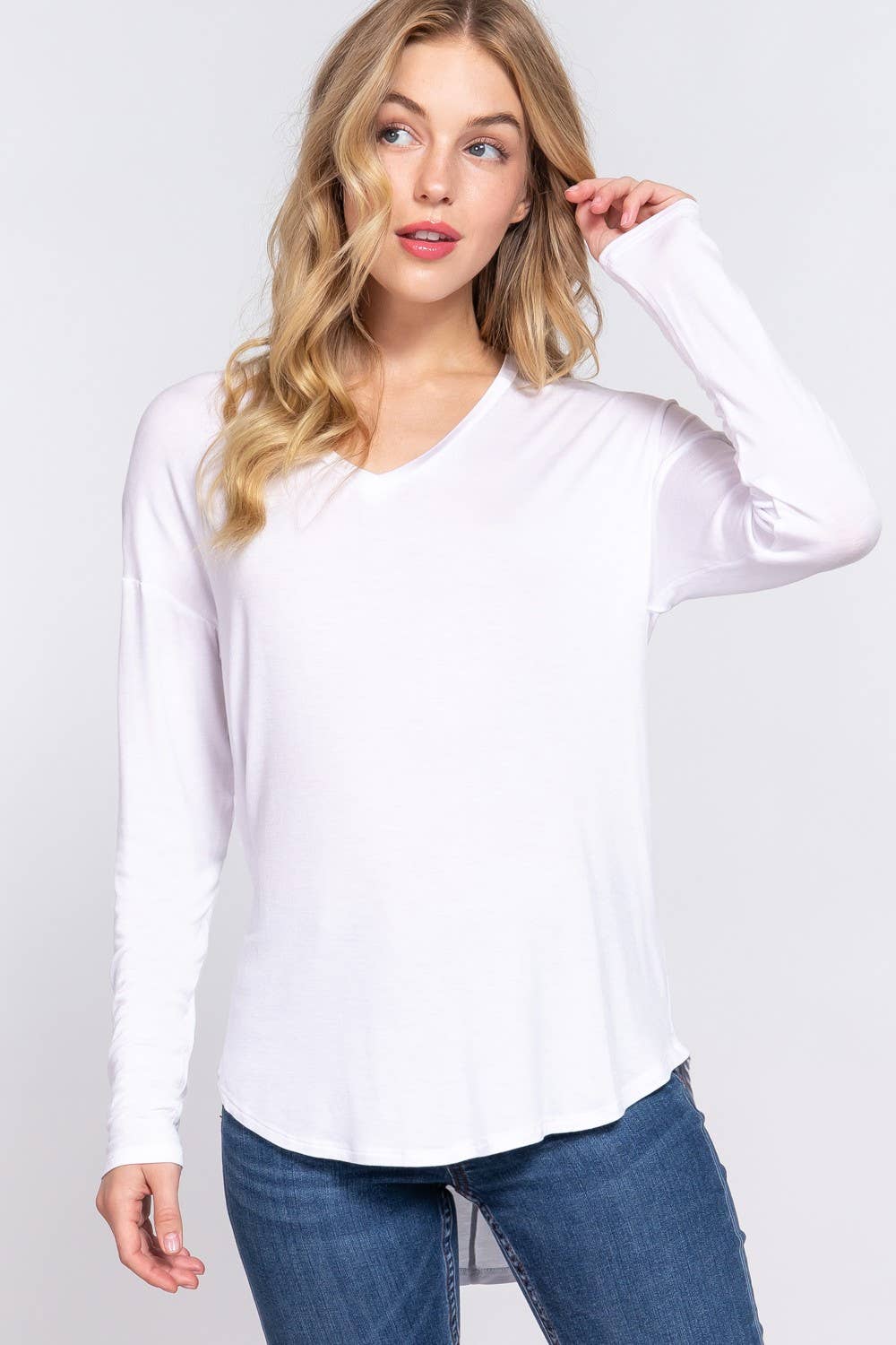 Long Dolman Sleeve V-neck Rayon Span Jersey Top