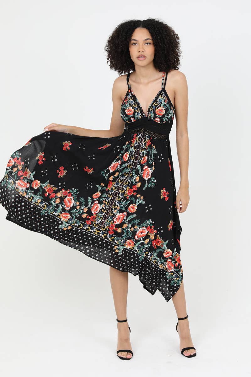 C4B17-A652 V NECK HANKY HEM MIDI DRESS WITH LACE WAIST