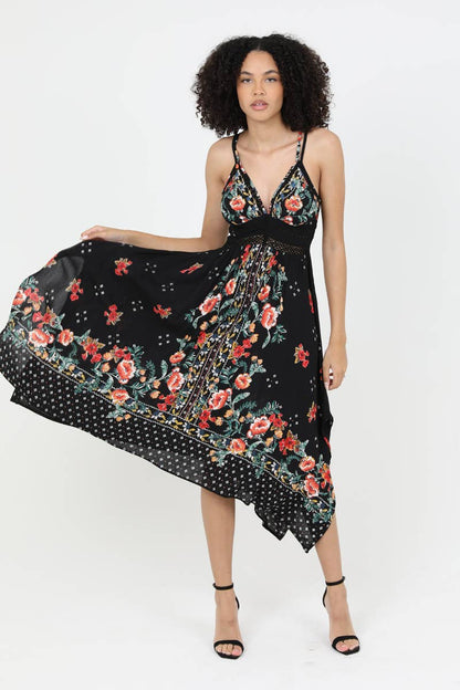 C4B17-A652 V NECK HANKY HEM MIDI DRESS WITH LACE WAIST