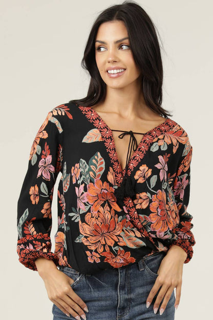 C2D66-A921 SURPLUS NECKLINE LONG SLEEVE PRINTED BLOUSE