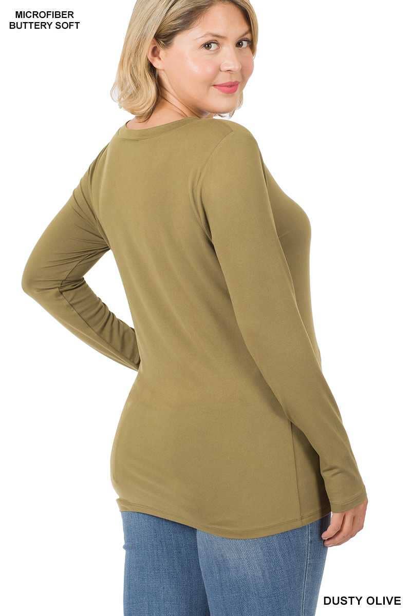 Plus Size Brushed Microfiber Long Sleeve V-neck Tee