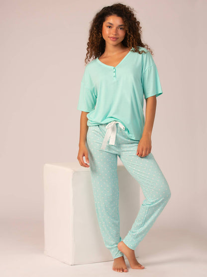 Jessie Stretch Jersey S/S V-neck Henley & Jogger Set - IWD: Island Paradise White Dots (IWD) / L
