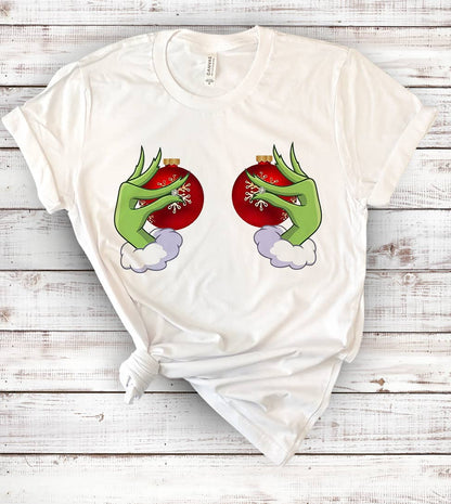 Grinch Boobs Ornament Balls - Christmas T-shirt: White / MD