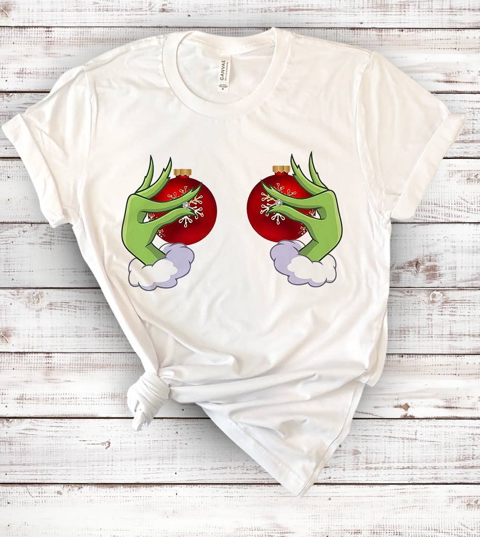 Grinch Boobs Ornament Balls - Christmas T-shirt: White / XL