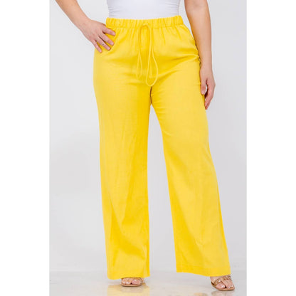 PLUS SIZE LINEN ELASTIC WAIST WIDE LEG PANTS: Black / 3X