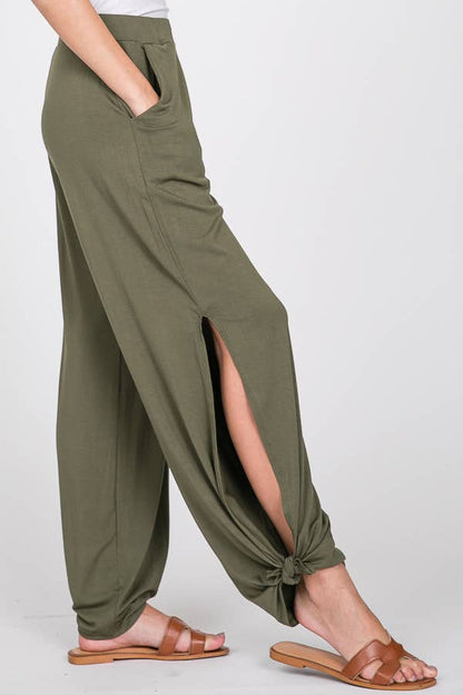Solid Elastic Waist Side Slit Ankle Tie Pants P1462