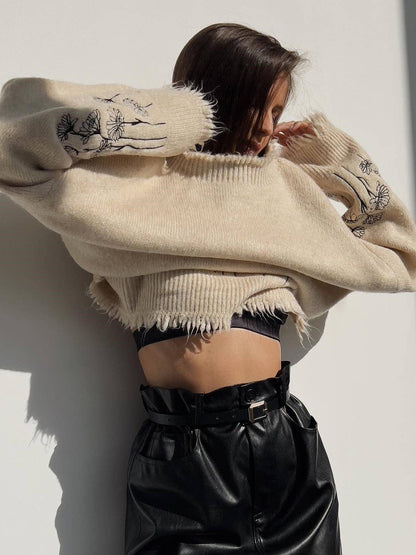 Loose Flower Embroidery Design Contrast Color Sweater