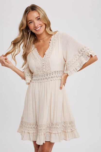 V-NECK LACE DRESS - Open Back with Tie Detail
