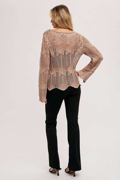 Open Knit Sweater Pullover - Scallop Hem: LATTE / L