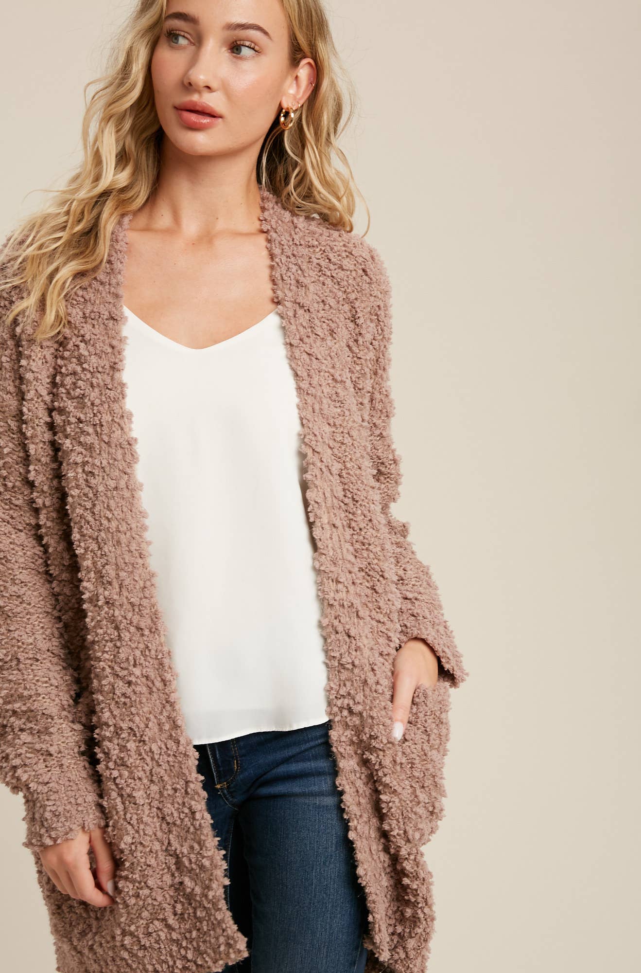 FLUFFY BOUCLÉ OPEN FRONT CARDIGAN