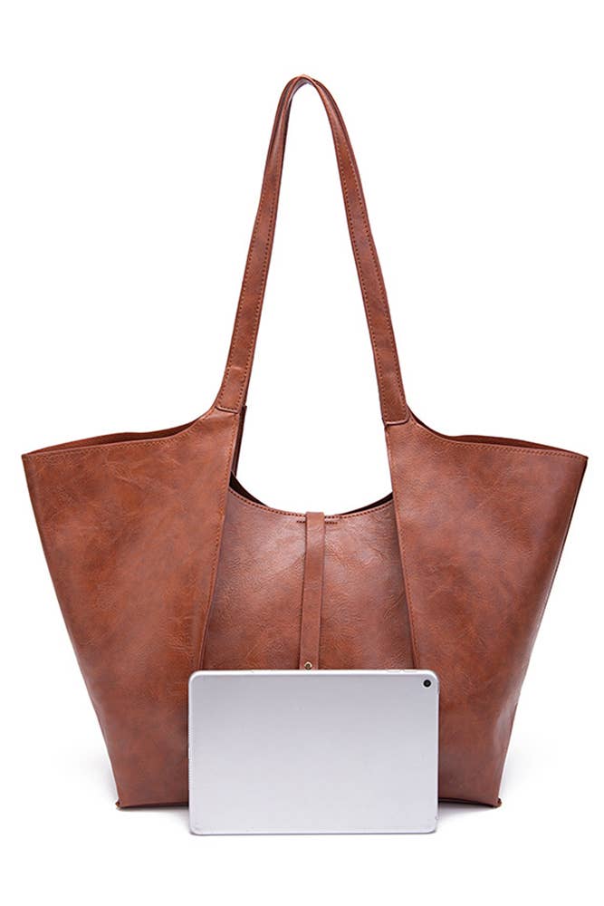 Solid Color Large Capacity Leather Tote Bag MOQ 3PCS MG014: Black / One Size