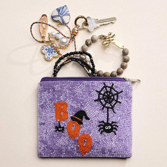 BOO Message Halloween Spider Seed Beaded Mini Pouch Bag