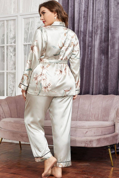 Plus Size Floral Belted Robe and Pants Pajama Set: Gray / 1XL