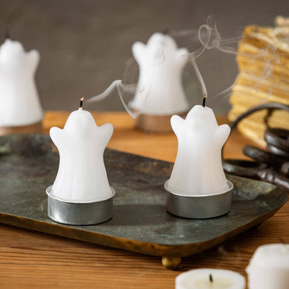 Happy Hauntings, Ghost Tealight Wax Candle, Set of 4