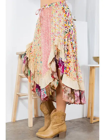 Overdyed Mid-Length Rayon Printy Skirt Boho Babe (XS-S-M)