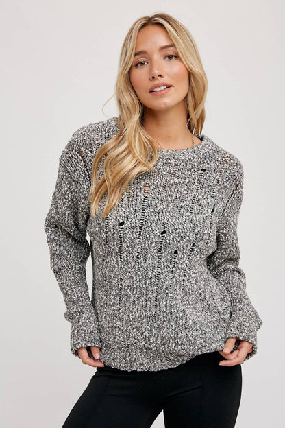 DISTRESSED SWEATER-KNIT PULLOVER