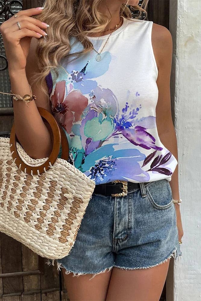 Placement Paint Floral Print Tank Top AXR046: White / L