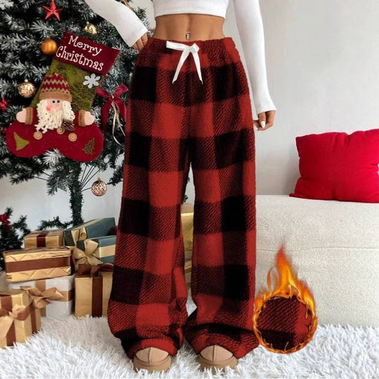 Women Drawstring Flared Plaid Print Wide Leg Casual Pants