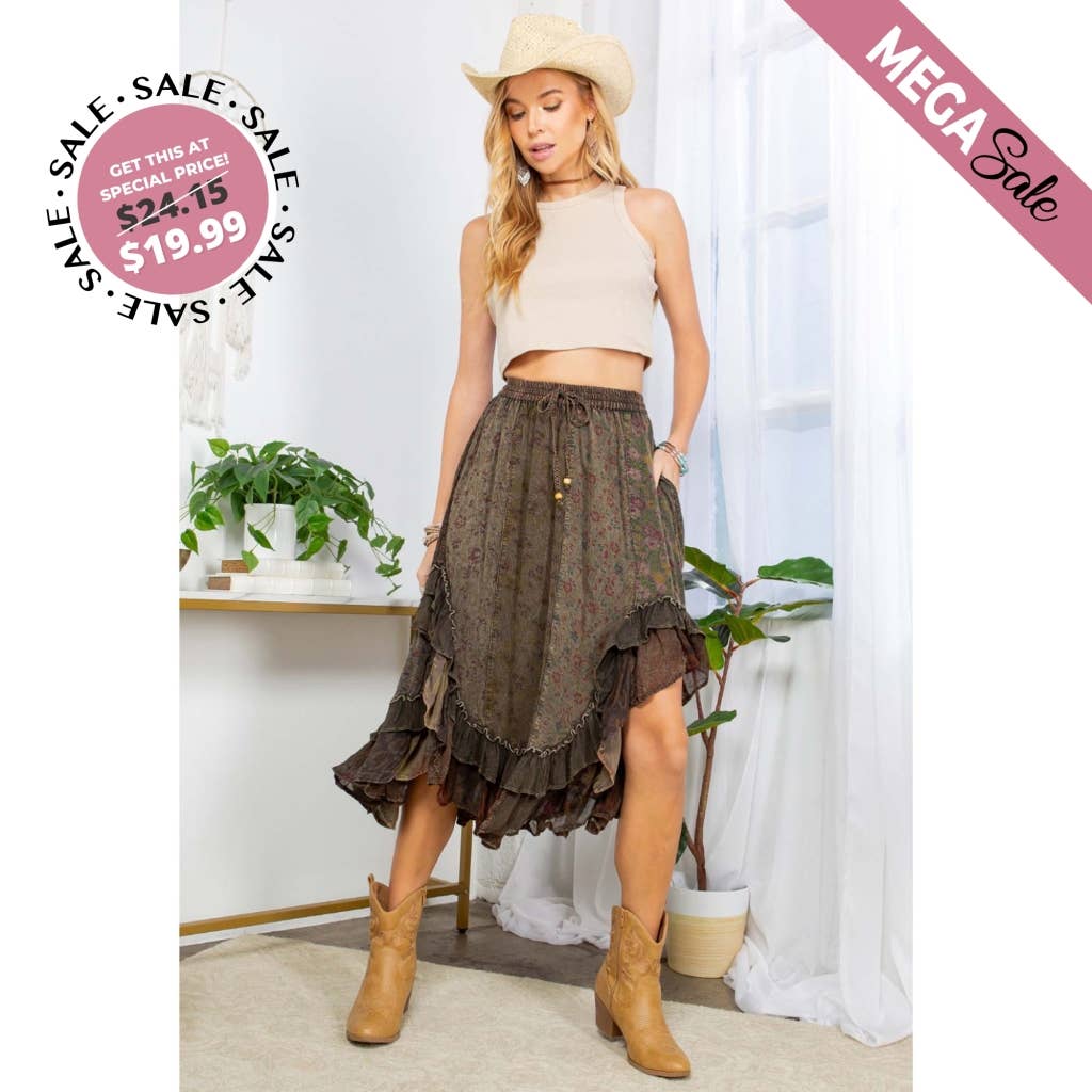 Overdyed Mid-Length Rayon Printy Skirt Boho Babe (XS-S-M)