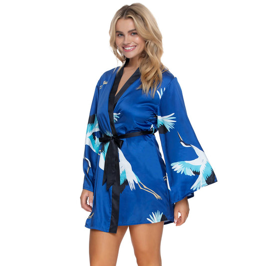 Adrienne Printed Satin Kimono - Cranes: Cranes (CNS) / L/XL