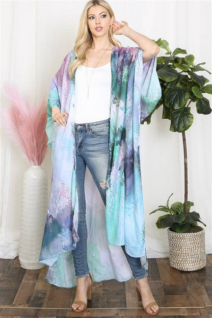 HDF3943 - TIE DYE ABSTRACT PRINT LONG KIMONO: PINK