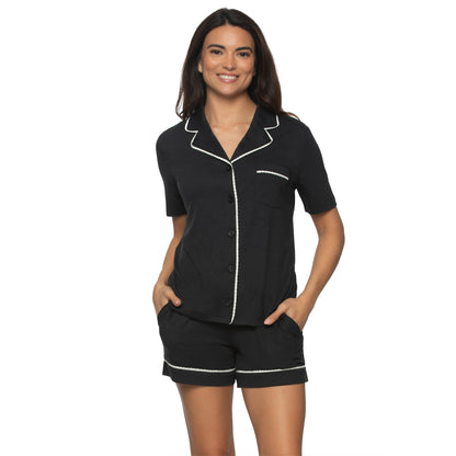 Jessie Stretch Jersey Shorts Sleeve & Shorts PJ Set - Black