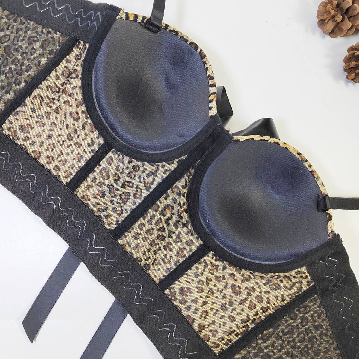 LEOPARD PRINT BOW HERRINGBONE BRA WITH RHINESTONES_CWMM4176