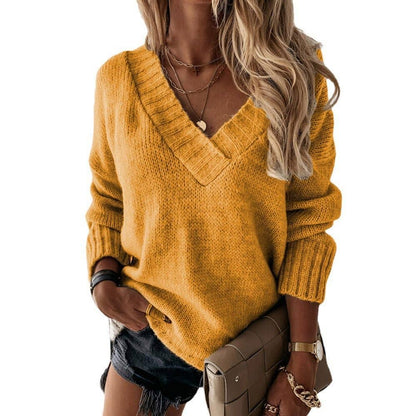 Women Solid Color V-Neck Long Sleeve Knit Pullover Sweater