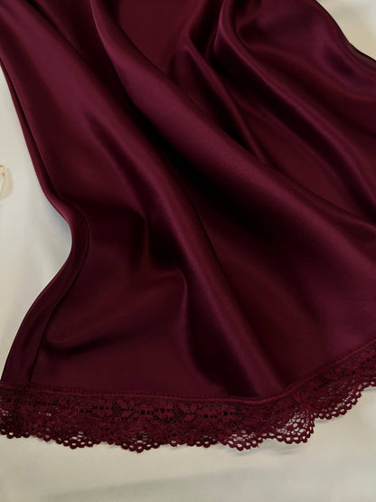 Burgundy Silky Nightgown with  Lace Embroidery