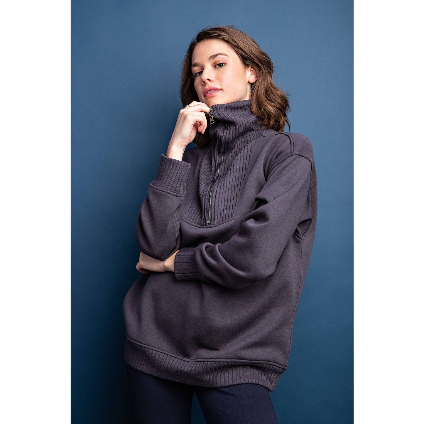 FRENCH TERRY RIBBED MOCK NECK PULLOVER: Sky Blue / L