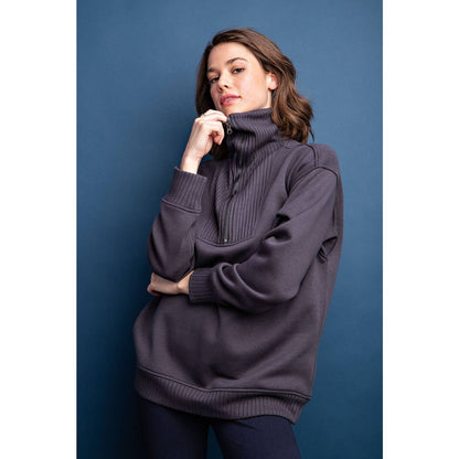 FRENCH TERRY RIBBED MOCK NECK PULLOVER: Sky Blue / L