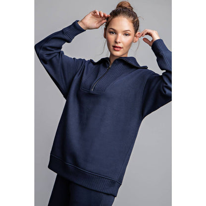 FRENCH TERRY RIBBED MOCK NECK PULLOVER: Sky Blue / XL