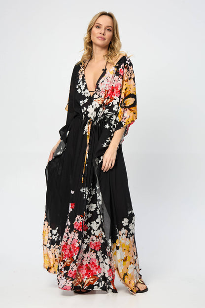 Multicolored Fiore Tie Waist Keyhole Kaftan