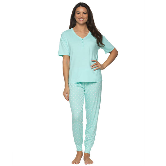 Jessie Stretch Jersey S/S V-neck Henley & Jogger Set - IWD: Island Paradise White Dots (IWD) / XL