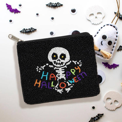 Happy Halloween Message Skull Seed Beaded Halloween Mini Bag