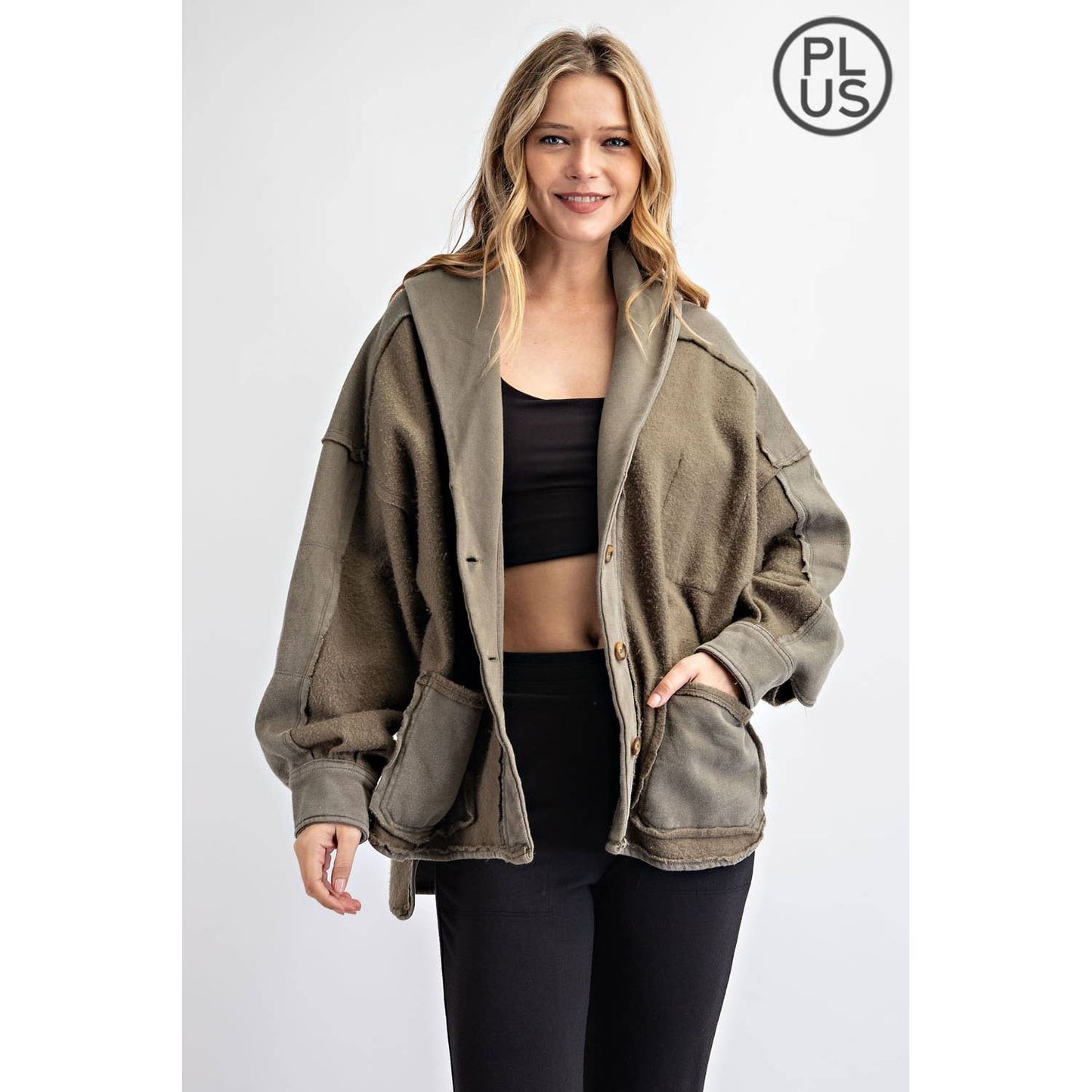 PLUS COTTON FRENCH TERRY MINERAL WASHED JACKET: Mocha / 2X