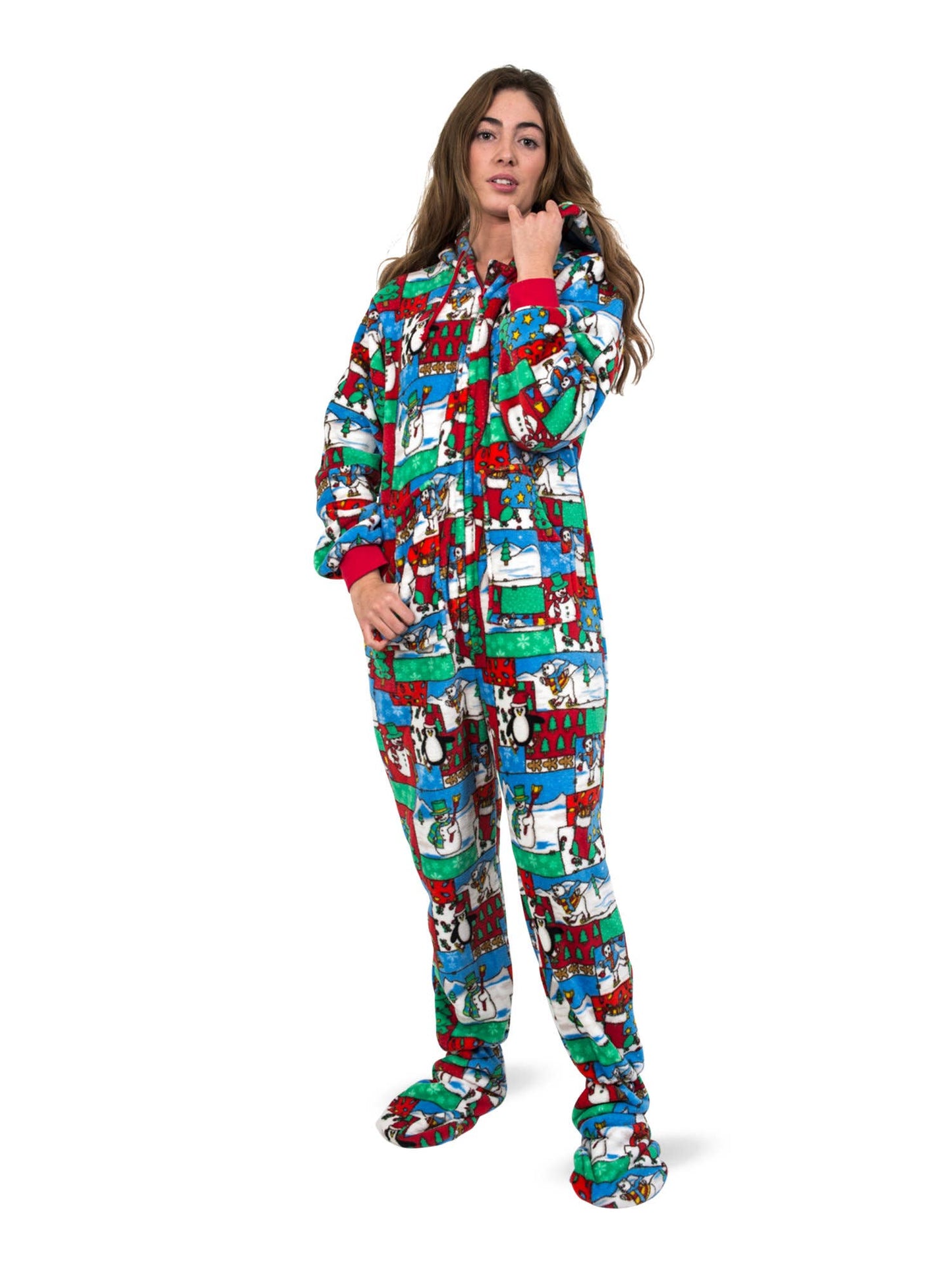 Winter Fun Christmas Adult Footed Pajamas with Hood: M / Yes