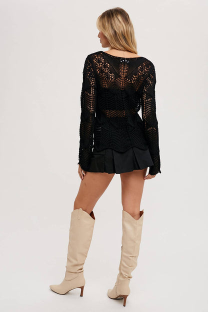 Open Knit Sweater Pullover - Scallop Hem: LATTE / M