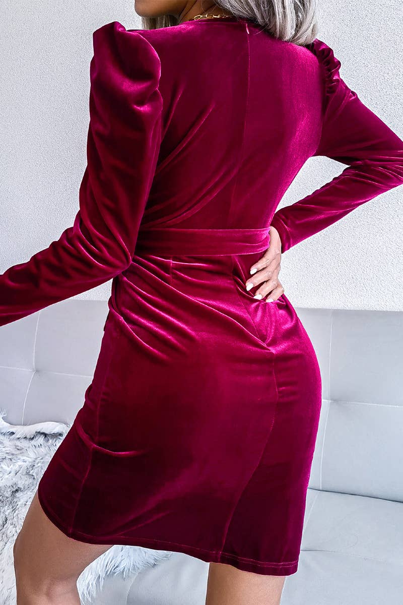 WOMEN SEXY VELVET WRAP PARTY DRESS_CWDSD1680: WINE / (L) 1