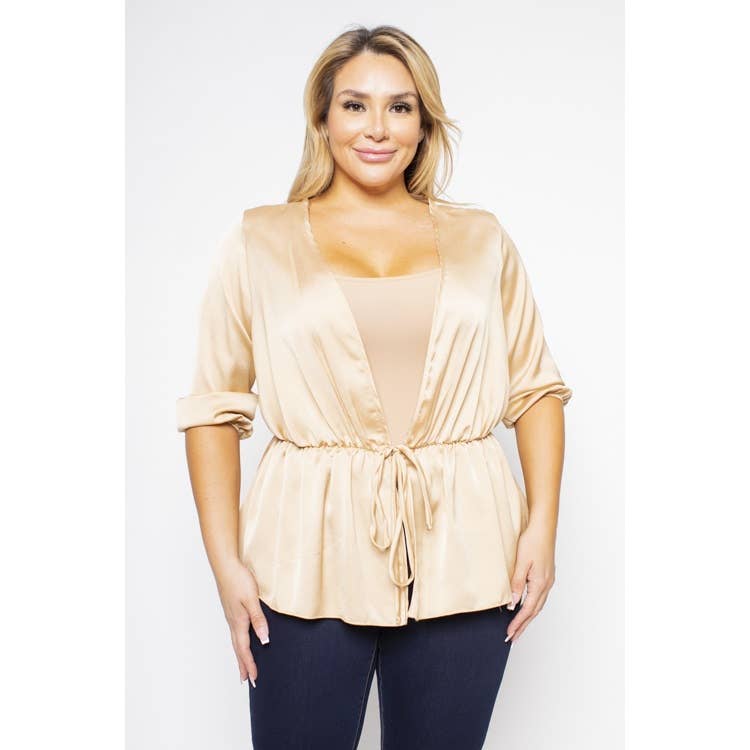 PLUS SIZE SATIN TIE FRONT HALF SLEEVE CARDIGAN