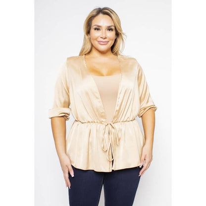 PLUS SIZE SATIN TIE FRONT HALF SLEEVE CARDIGAN