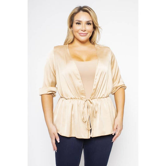 PLUS SIZE SATIN TIE FRONT HALF SLEEVE CARDIGAN