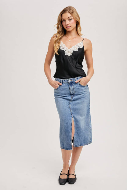 LACE-TRIMMED SATIN V-NECK CAMISOLE TOP