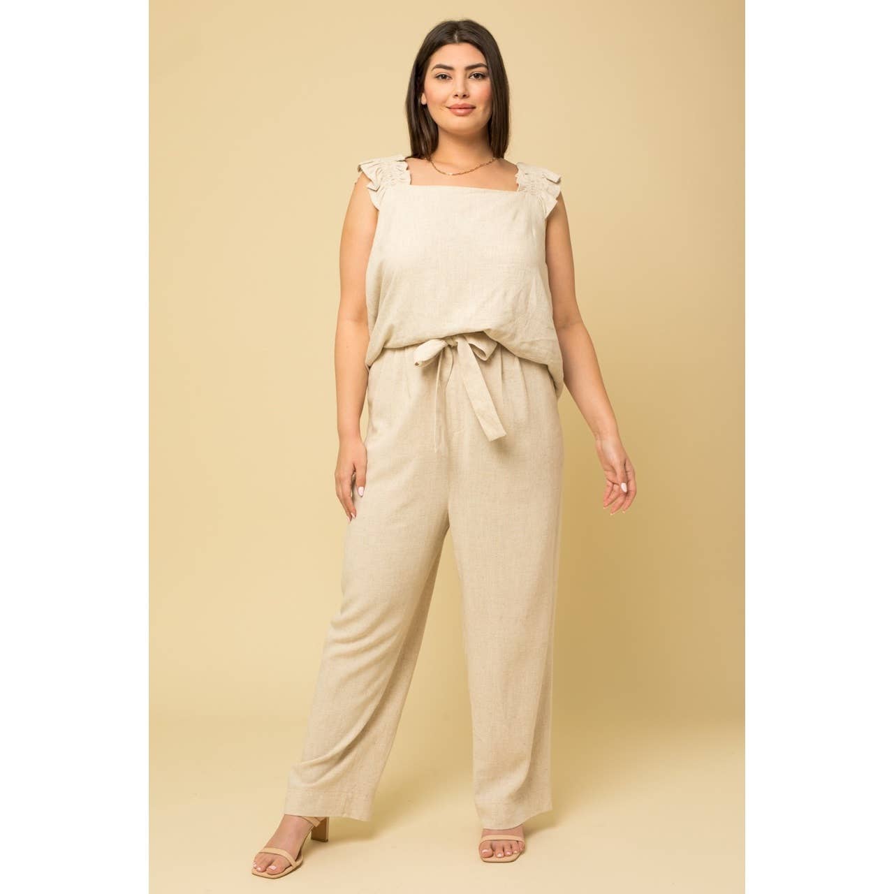PLUS SIZE PAPERBAG WAIST TIE BELT WIDE LEG PANTS: SAGE / 2X