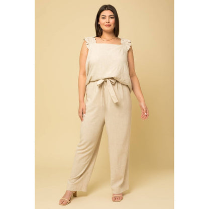 PLUS SIZE PAPERBAG WAIST TIE BELT WIDE LEG PANTS: SAGE / 2X